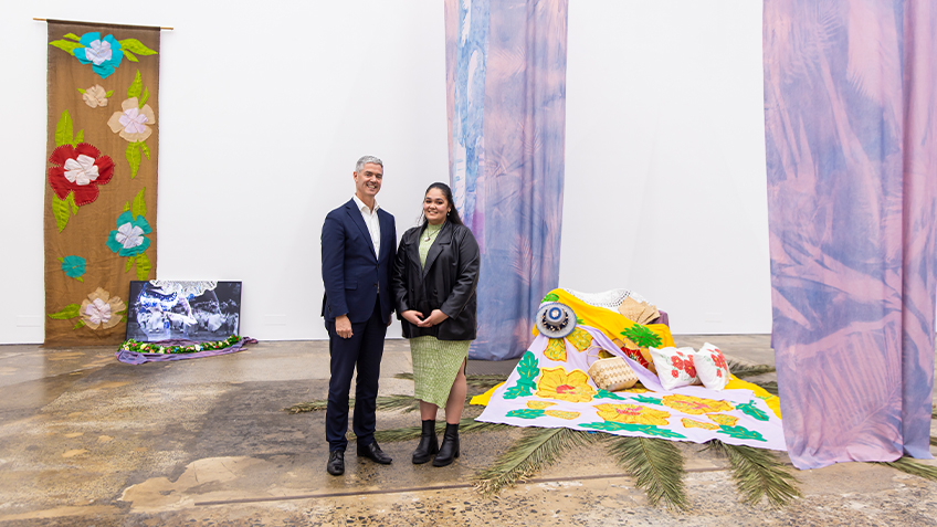 Morgan Hogg and The Hon. John Graham, MLC, Minister for the Arts stand by her work as part of the 2023 NSW Visual Arts Fellowship (Emerging) at Carriageworks