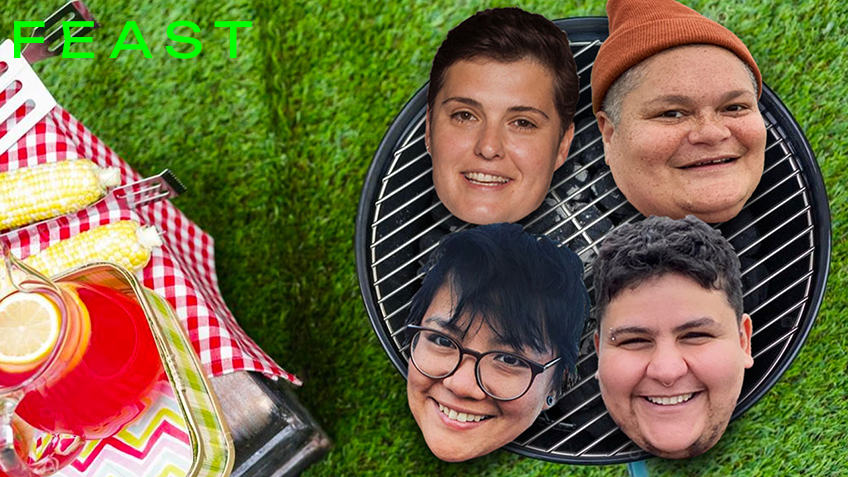 Four heads lay on a barbeque grill, next to a table on grass
