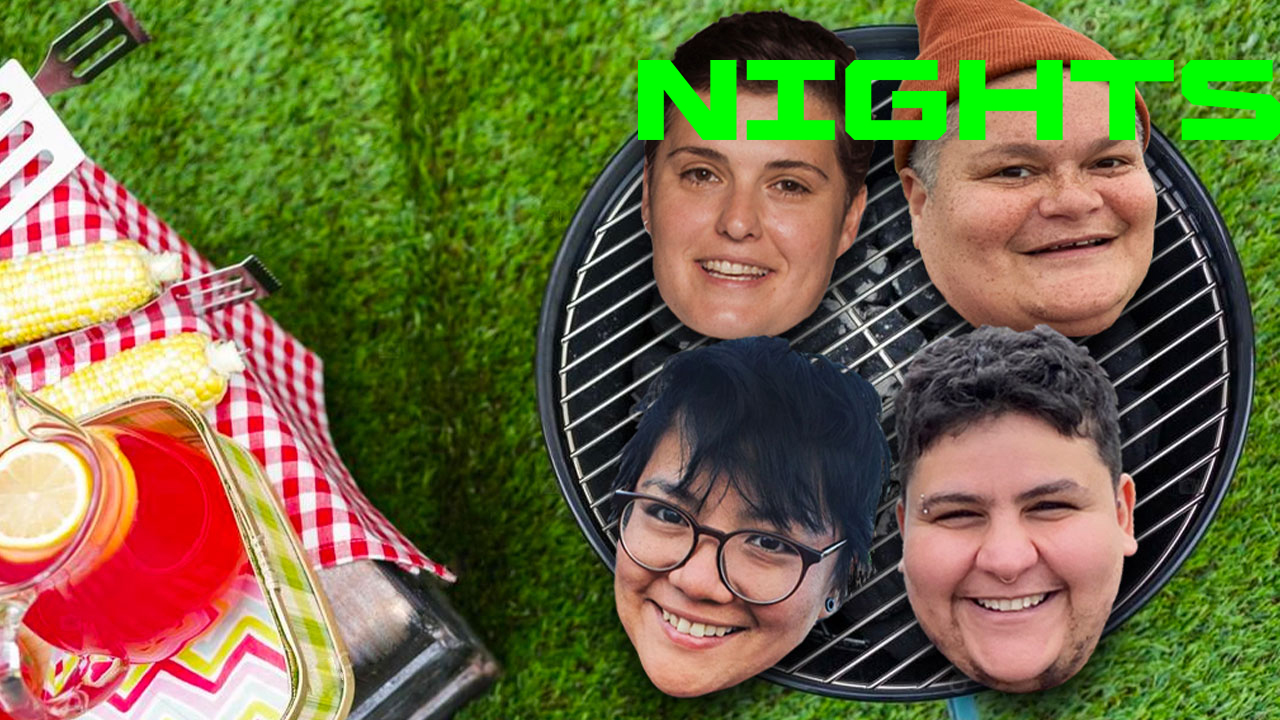 Four heads lay on a barbeque grill, next to a table on grass