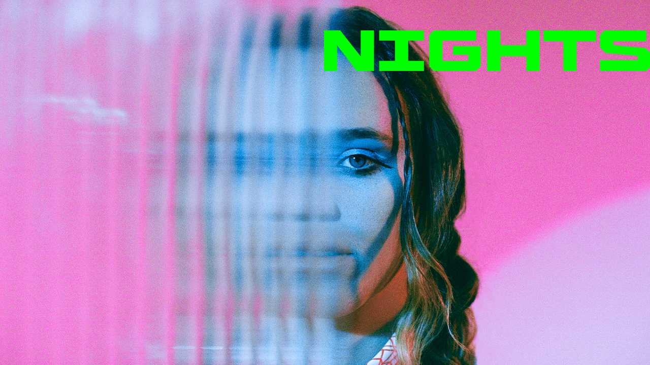 Sycco in front of a pink background with the word Nights in green branding