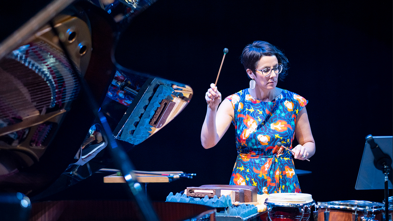 Claire Edwardes plays percussion in Carriageworks.