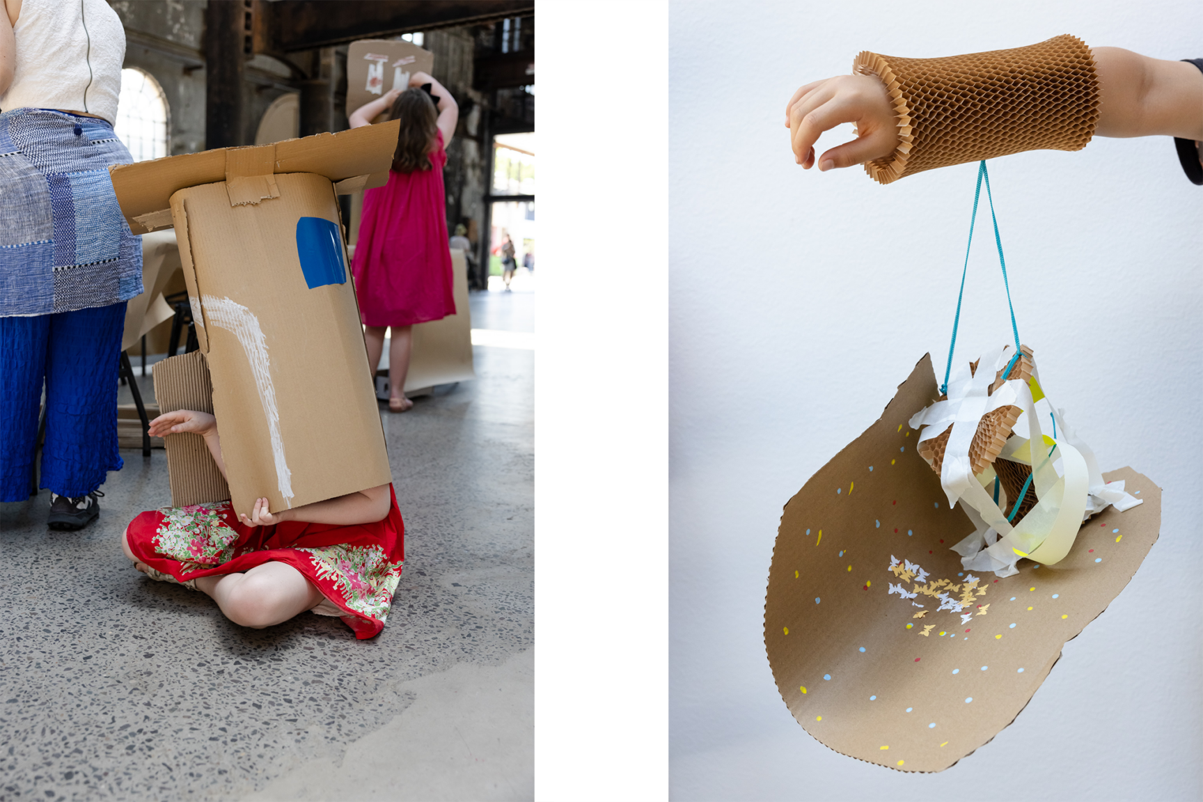 image 1: a child sitting cross-legged with a cardboard box over their head image 2: a hand wearing a cardboard bangle with a cardboard structure hanging by string