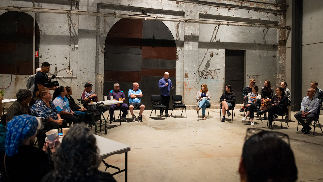 Jacob Boehme leads a talk at Carriageworks.