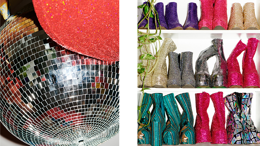Image 1: A red ball sits next to a disco ball. Image 2: three tiers of sparkly heeled boots lined up.