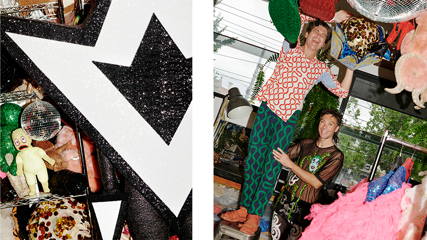 Image 1: a green doll sits on a shelf next to a black and white costume. Image 2: Garrett and Will Huxley laugh as one of them stands on a table reaching for a disco ball.