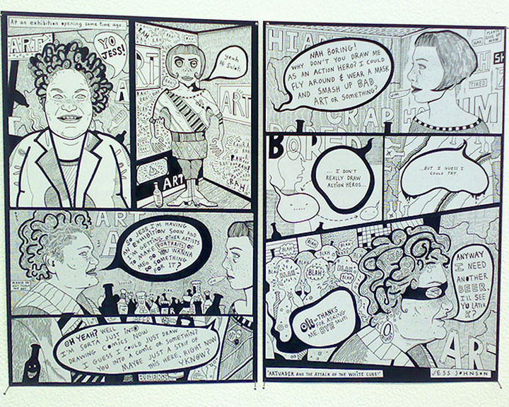 A black and white comic strip featuring the characters of Salote Tawale and the comic's artist Jess Johnson having a conversation