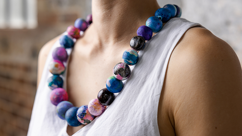 Colourful beaded necklace by artist Kylie McNamara, available at Carriageworks' SOUTHEAST Aboriginal Arts Market.