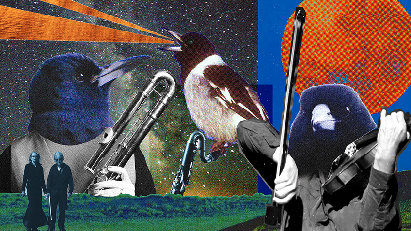 Jon Rose's artwork featuring three large birds playing instruments and a couple walking.