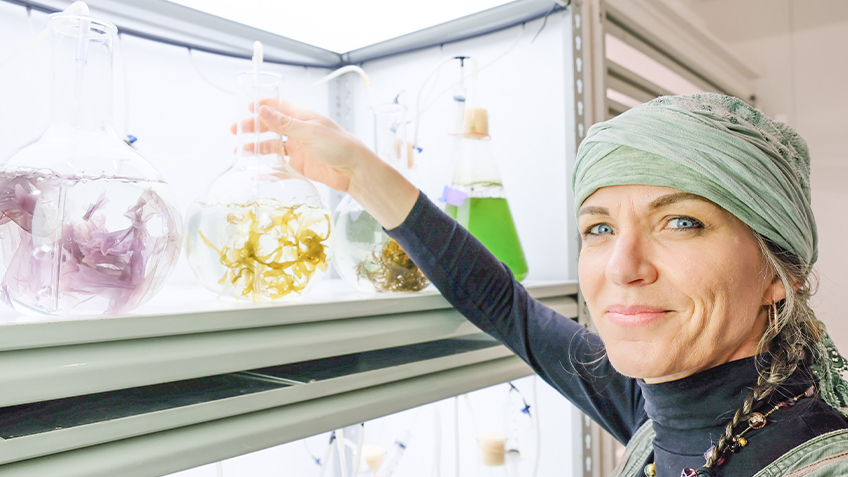 Doctor Pia Winberg holds a scientific bottle of seaweed on a shelf