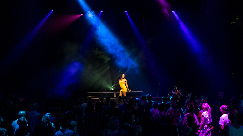 An artist stands on stage in front of a crowd at Day for Night