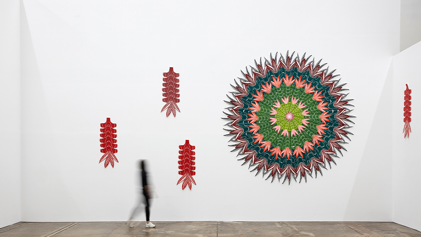 Teho Ropeyarn, 'Wintinganhu (sister-in-law)', 2023. vinyl-cut prints on board, sound. Installation dimensions variable. Installation view, The National 4: Australian Art Now, Carriageworks. Image courtesy the artist and Onespace, Brisbane © the artist. Photo: Zan Wimberley